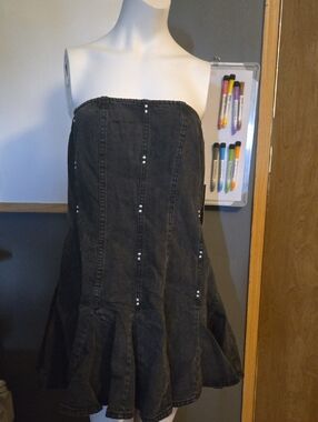 Zip Up Straplesa Jean Black Dress With Silver Gems